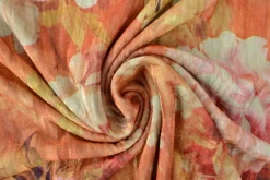 Fluweel stretch – Orange colored flowers crushed look