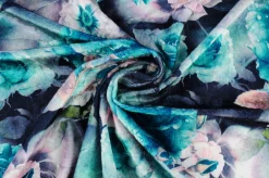 Fluweel stretch – Petrol colored flowers