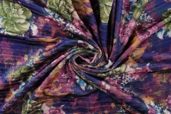 Fluweel stretch – Retro dark purple and green roses striped woven
