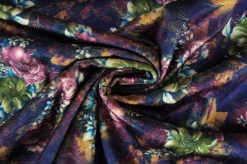Fluweel stretch – Retro dark purple and green roses checkered woven