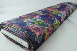 Fluweel stretch – Retro dark purple and green roses checkered woven