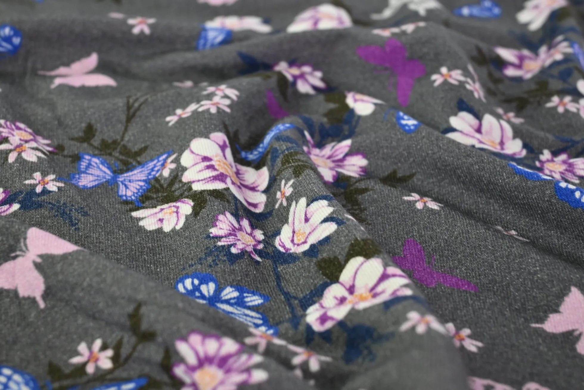 French terry – Charcoal Butterfly Garden