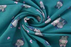 French terry – Cute hippo on turqouise