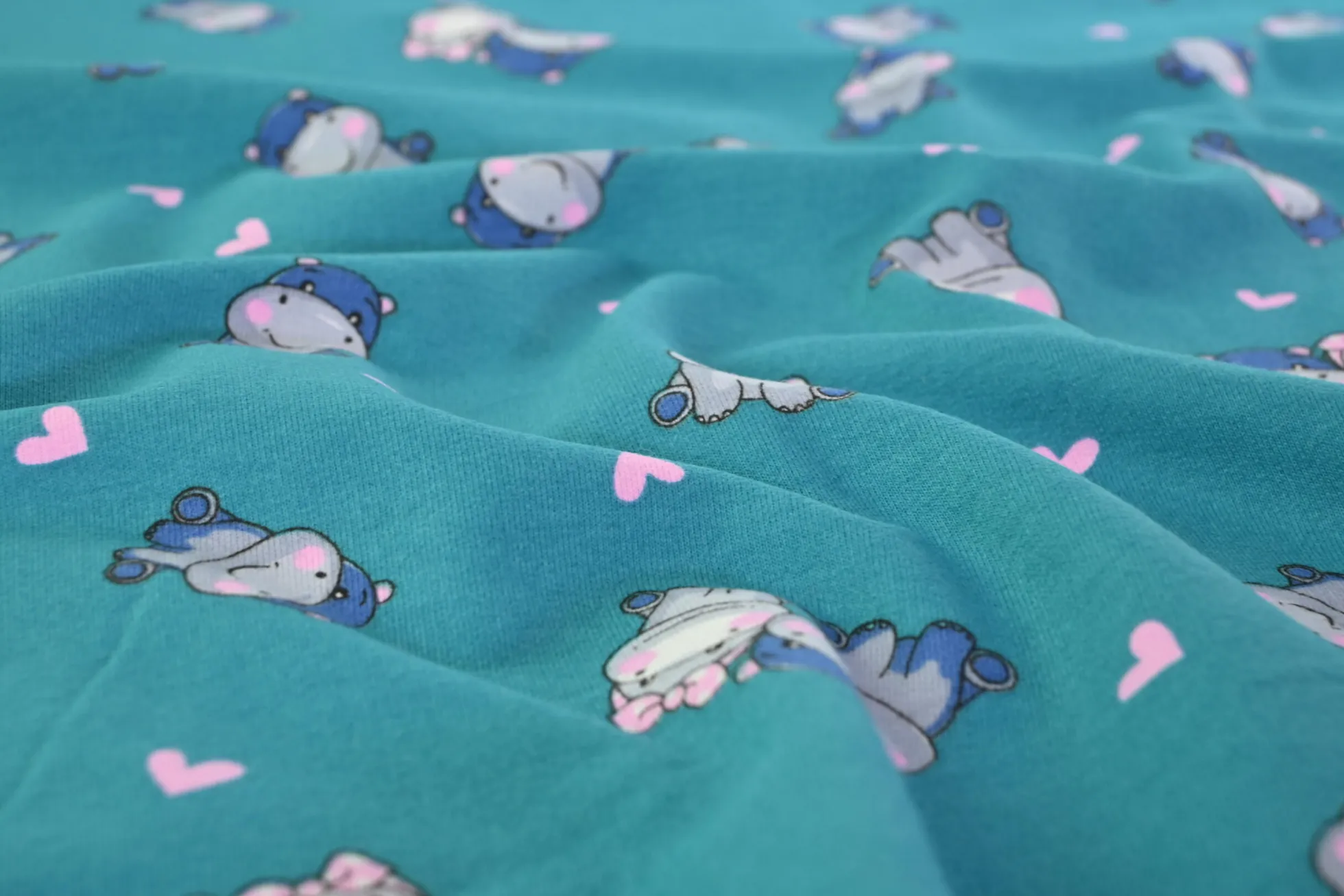 French terry – Cute hippo on turqouise