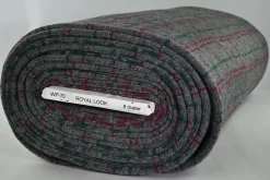 Gebreide wollen stof – Donkergrijs met aubergine & donkergroen ruit