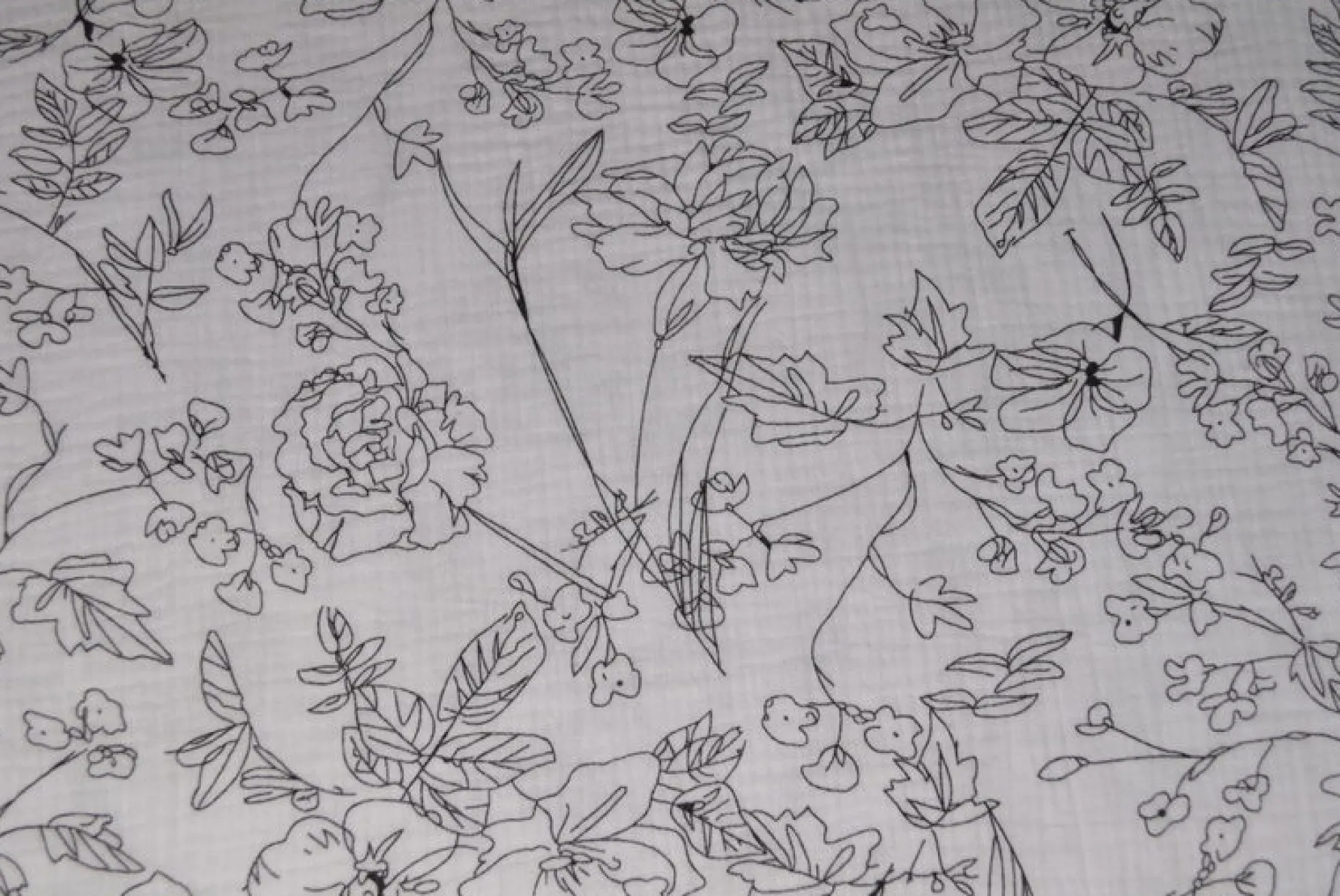 Hydrofiel / Mousseline – Floral lijntekening wit