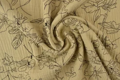 Hydrofiel / Mousseline – Floral lijntekening beige
