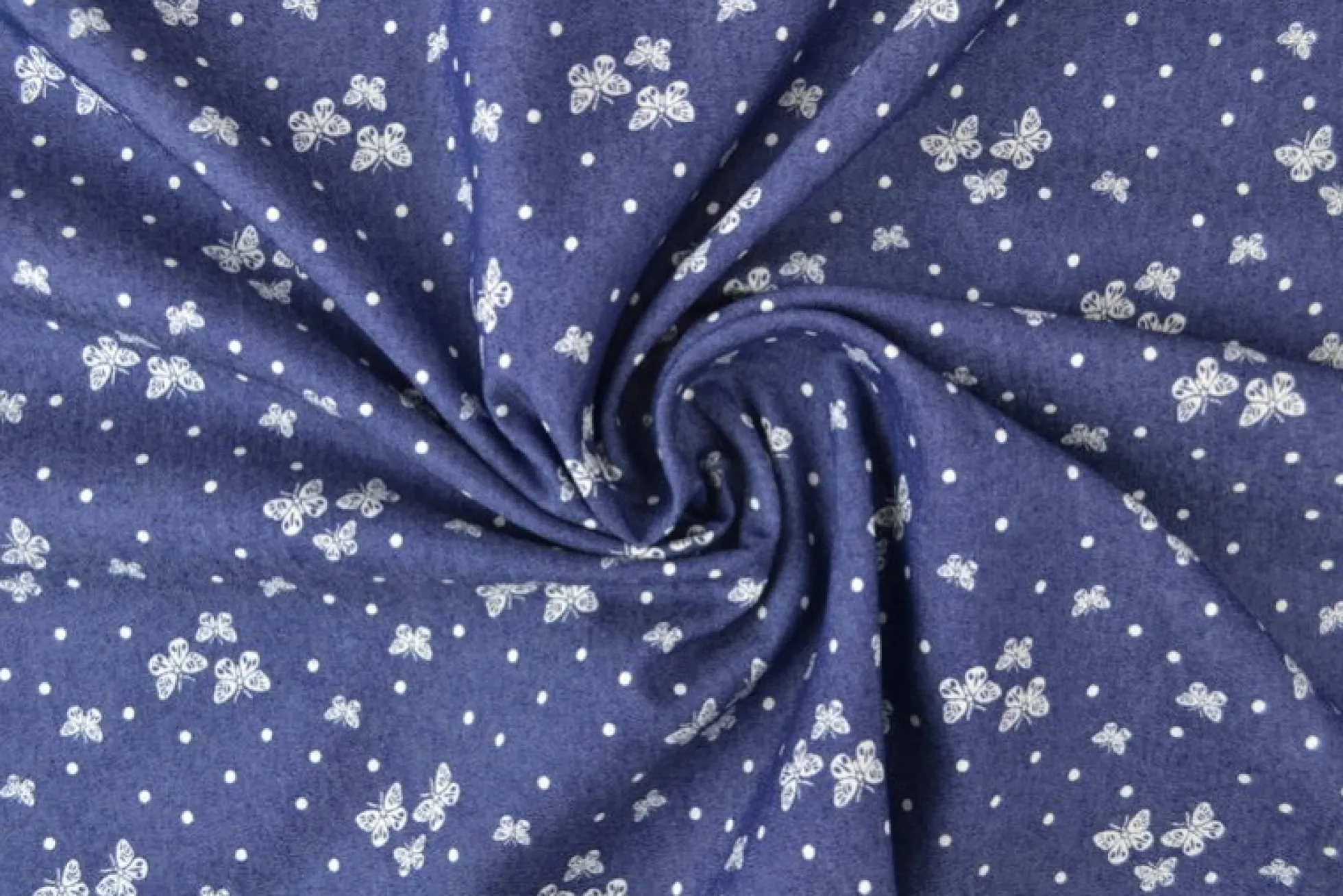 Jeans / denim gewassen – Butterflies donkerblauw chambray