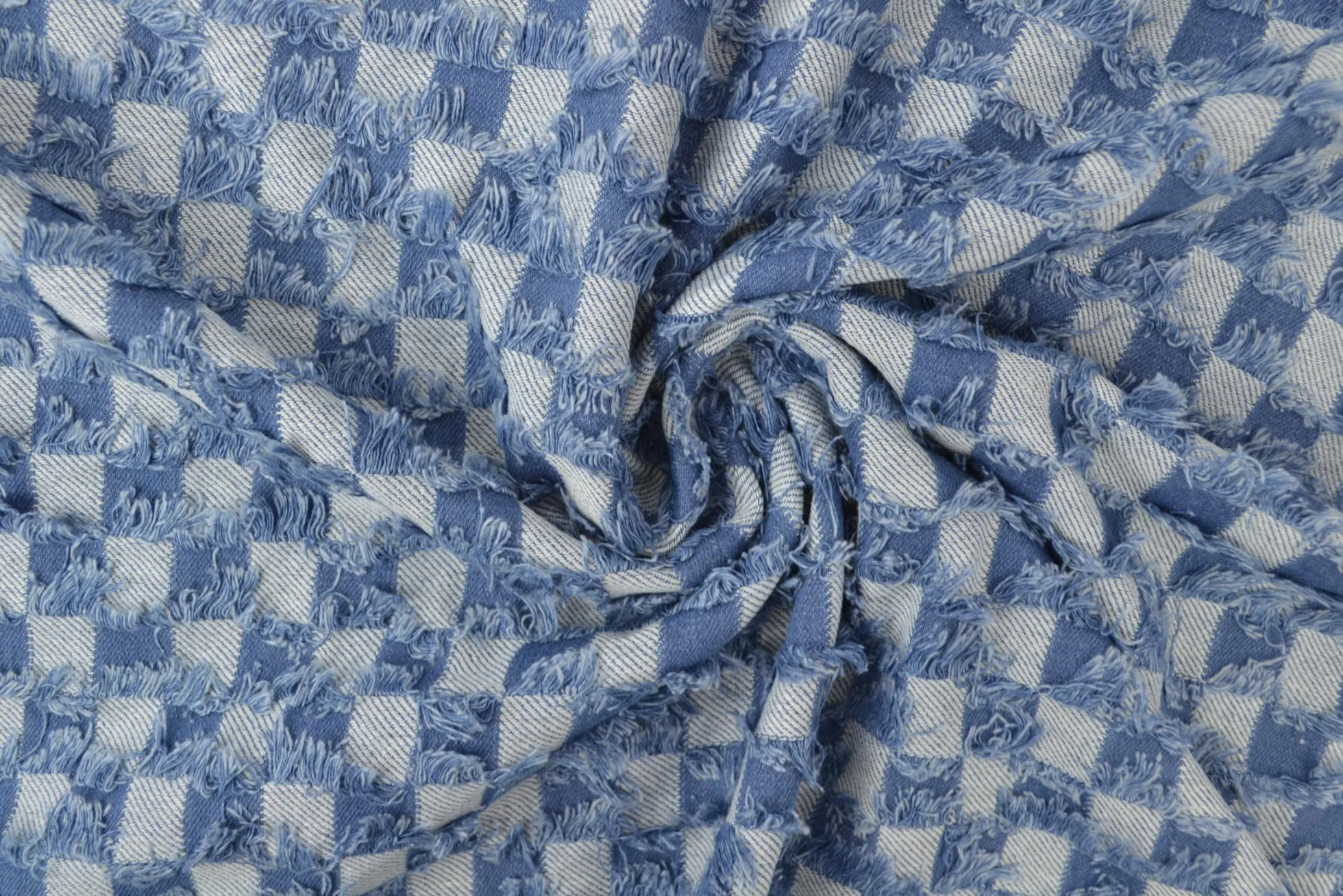 Jeans / denim jacquard – Checks frayed light blue