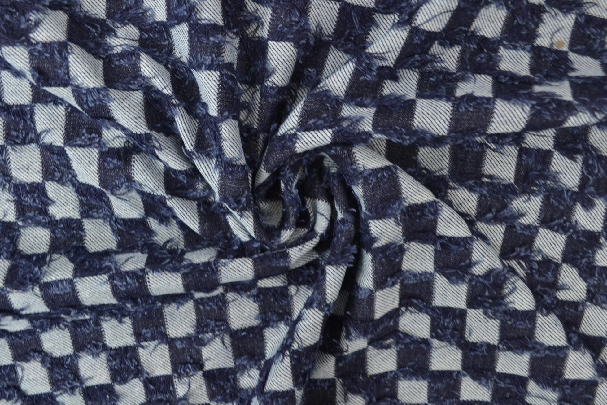 Jeans / denim jacquard – Checks frayed dark blue