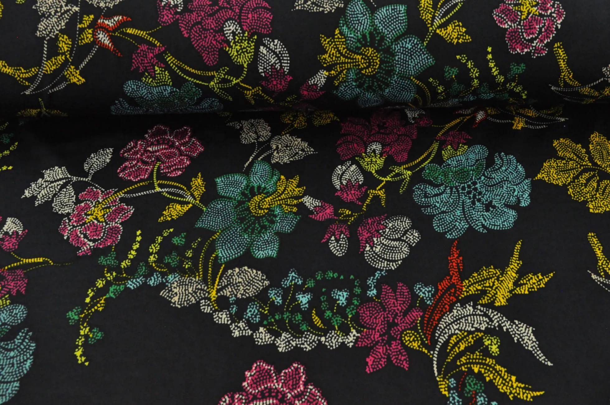 Jersey 4-way stretch – Happy flower on navy