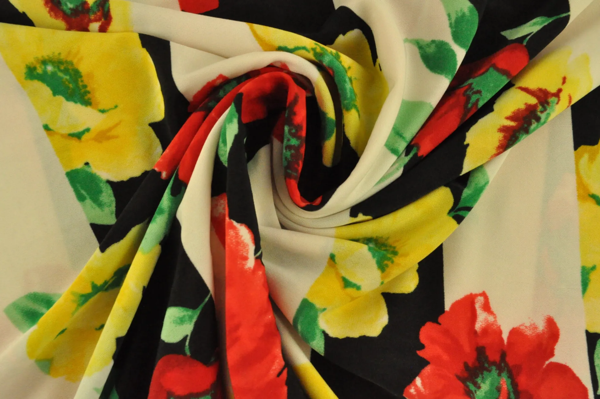Jersey 4-way stretch – Yellow & red poppy on black stripes