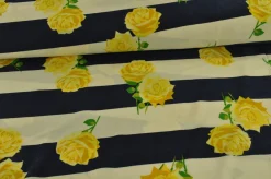Jersey 4-way stretch – Yellow roses on navy stripes