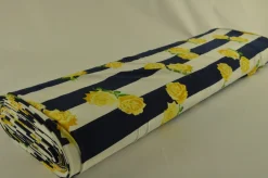 Jersey 4-way stretch – Yellow roses on navy stripes