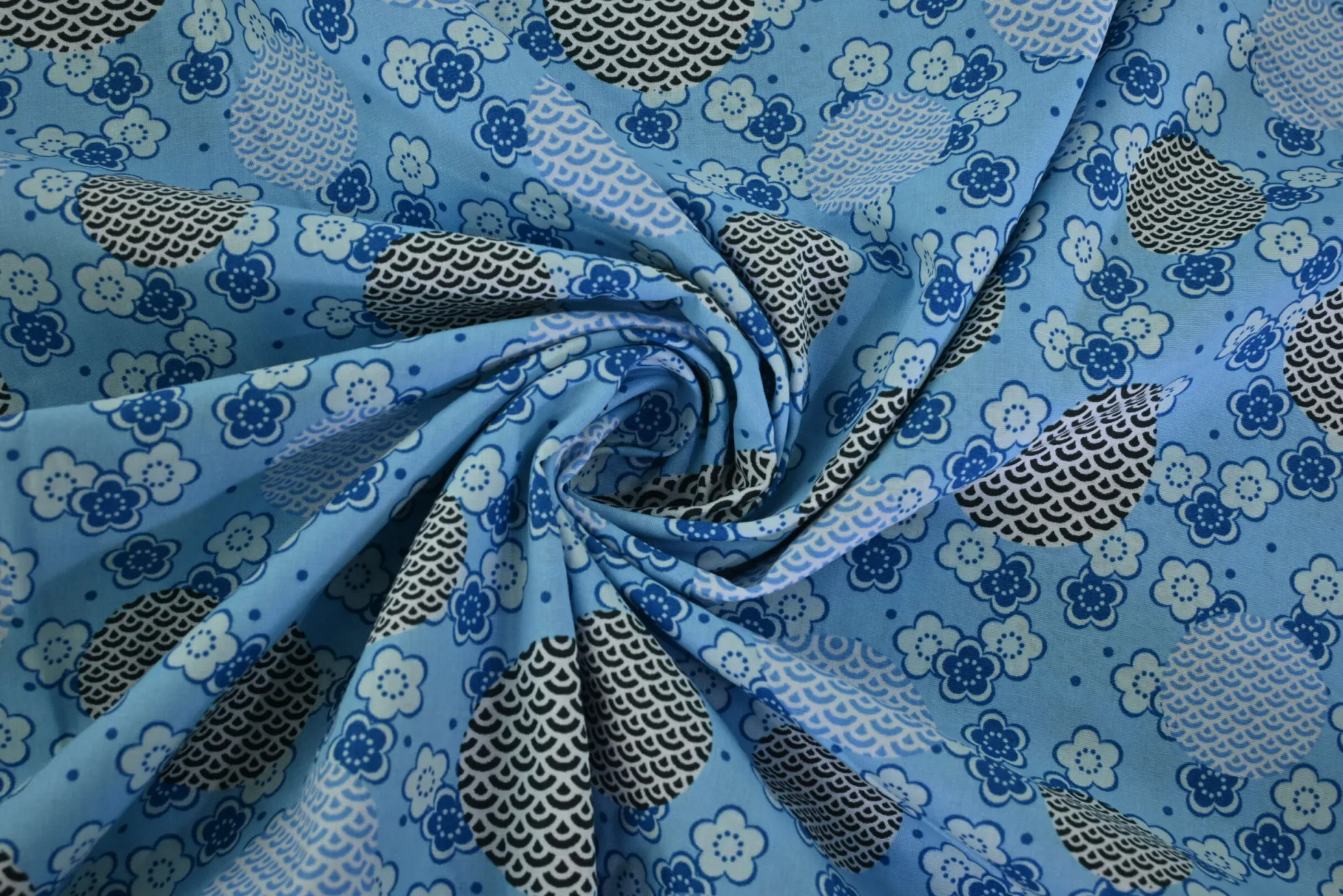 Katoen poplin – Blauw bloemetjes en stippen