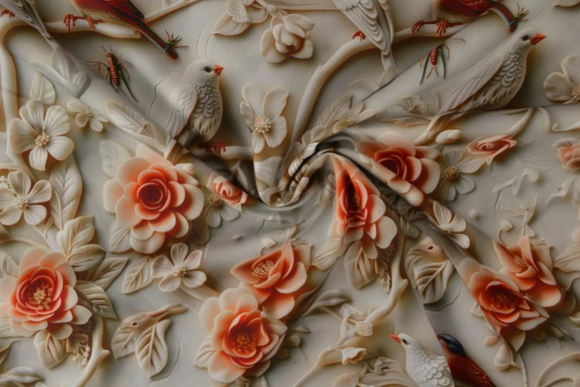 Katoen poplin digitaal – Birds & bright orange blossom