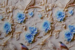 Katoen poplin digitaal – Birds & blue blossom