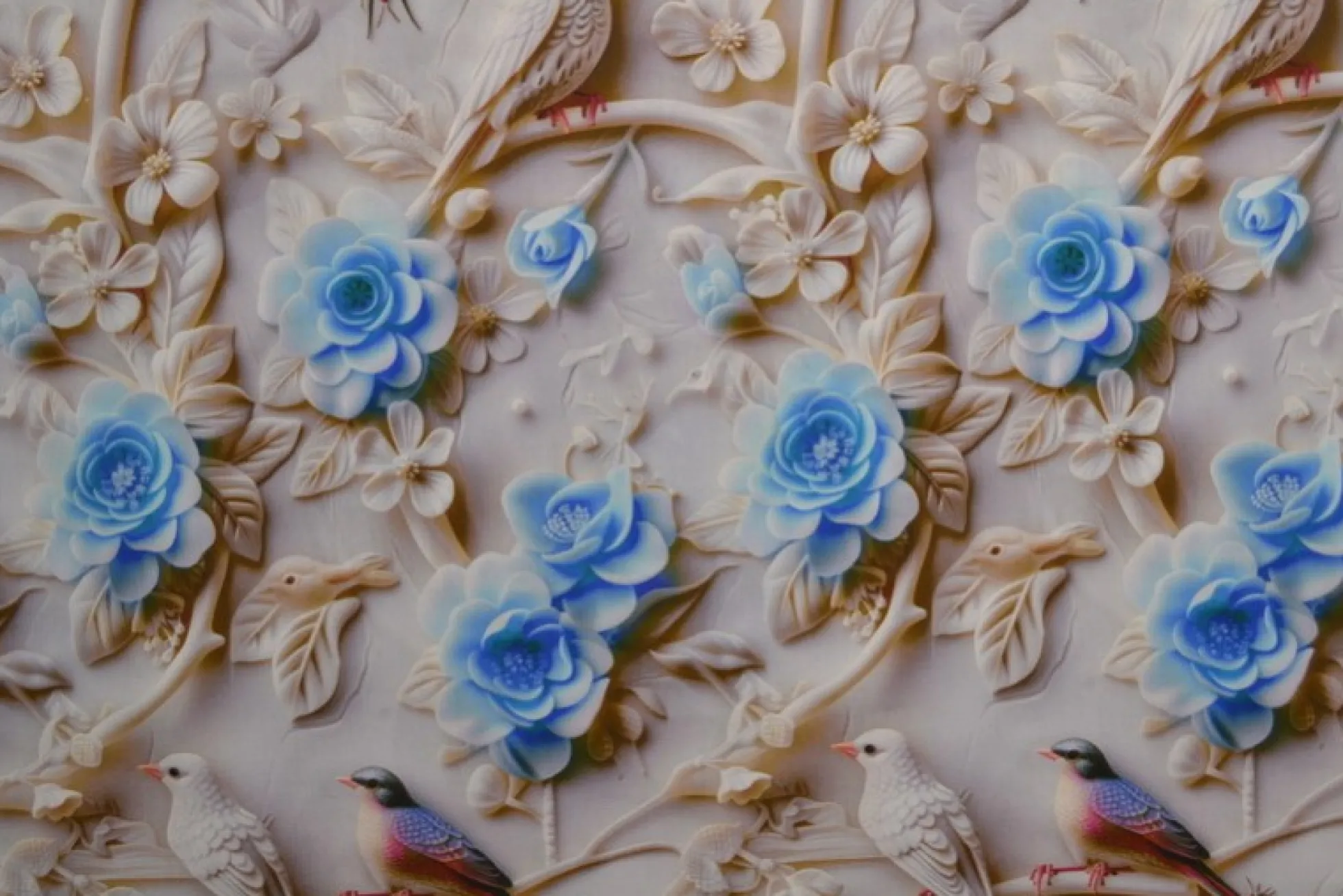 Katoen poplin digitaal – Birds & blue blossom