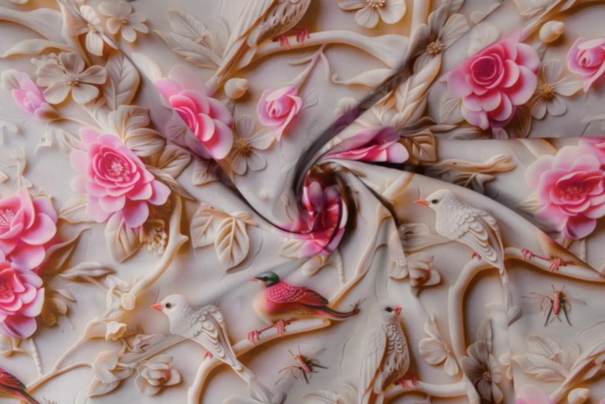 Katoen poplin digitaal – Birds & pink blossom