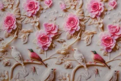 Katoen poplin digitaal – Birds & pink blossom