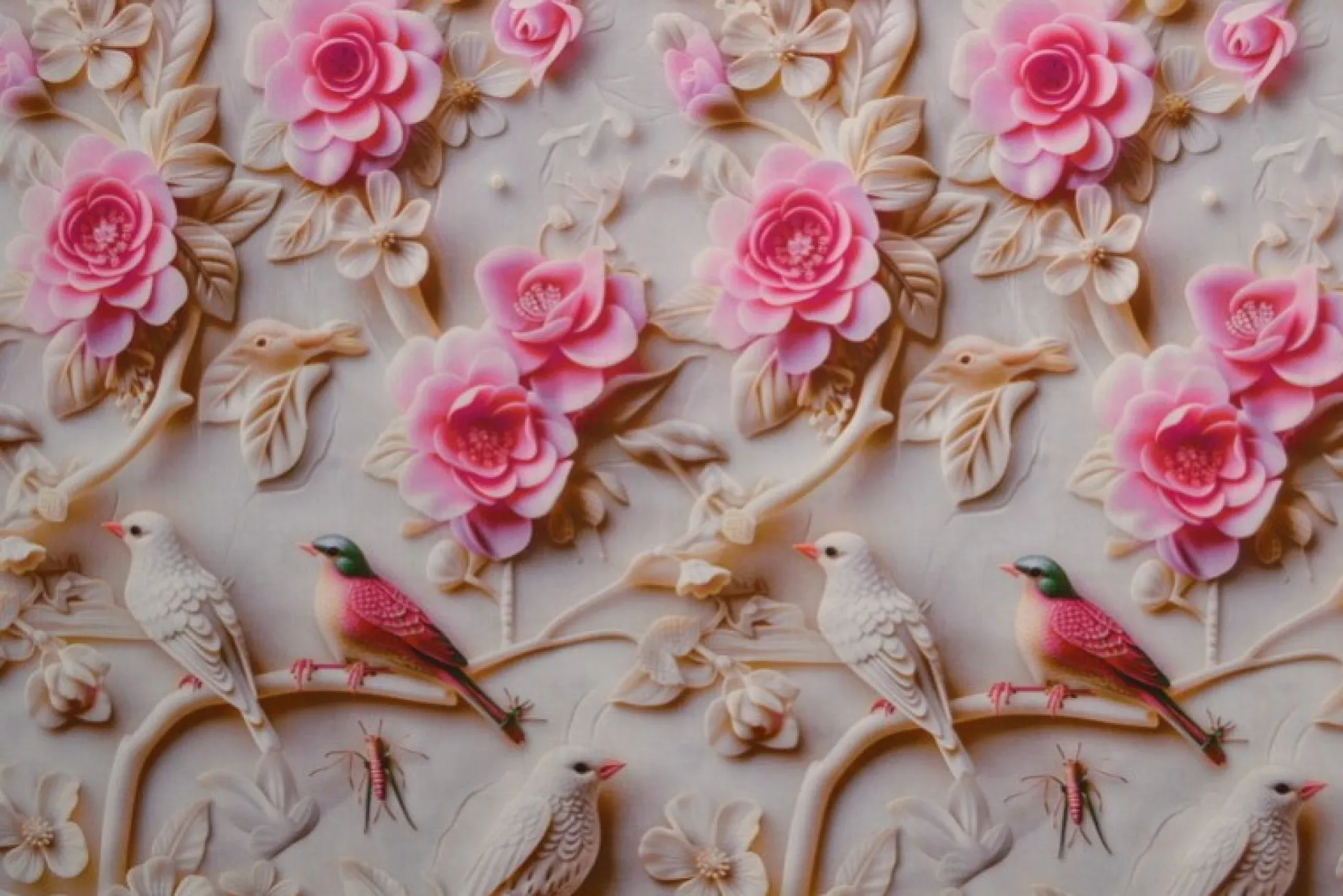Katoen poplin digitaal – Birds & pink blossom