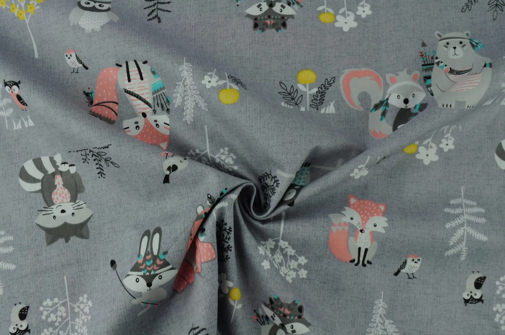 Katoen poplin – Woodland friends grey