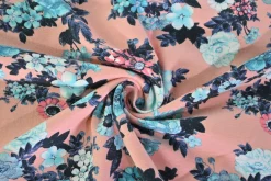 Katoen tricot – Blue and coral flowers on salmon