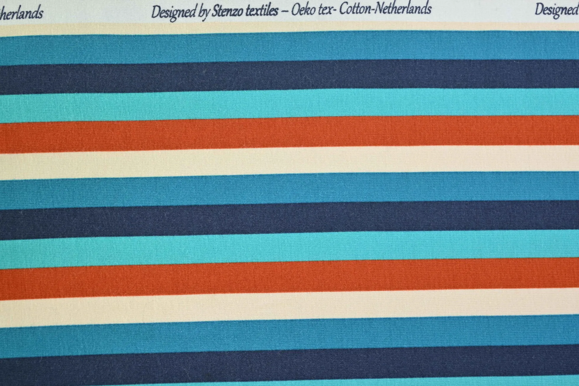 Katoen tricot – Blue, off-white, copper stripes