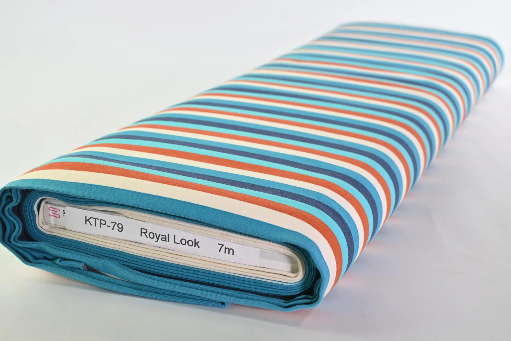Katoen tricot – Blue, off-white, copper stripes