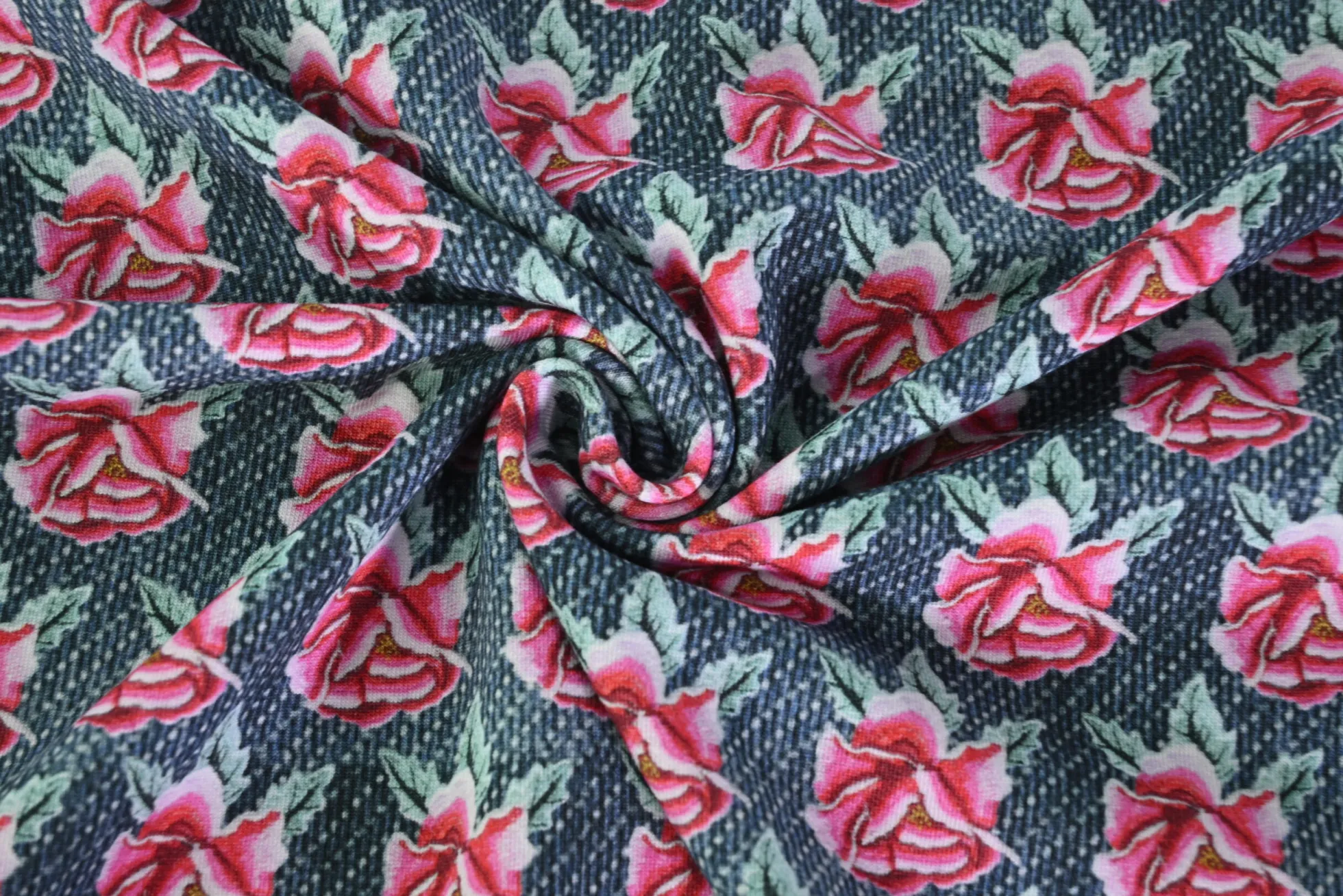 Katoen tricot – Denim Roses