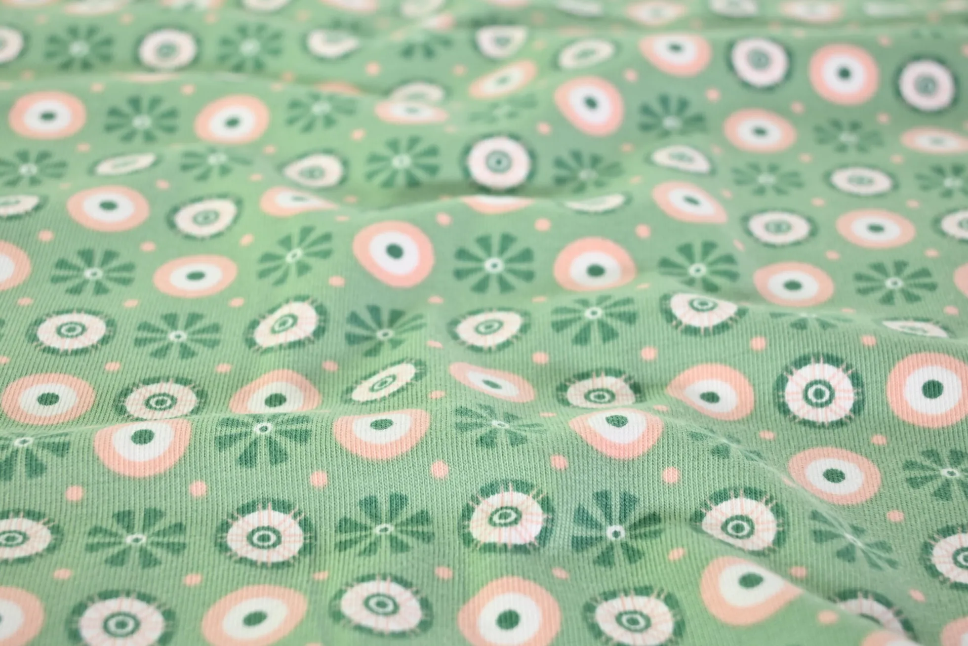 Katoen tricot – Mint Retro Daisy Dot