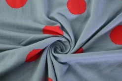 Katoen tricot – Red inkdots on jeansblue