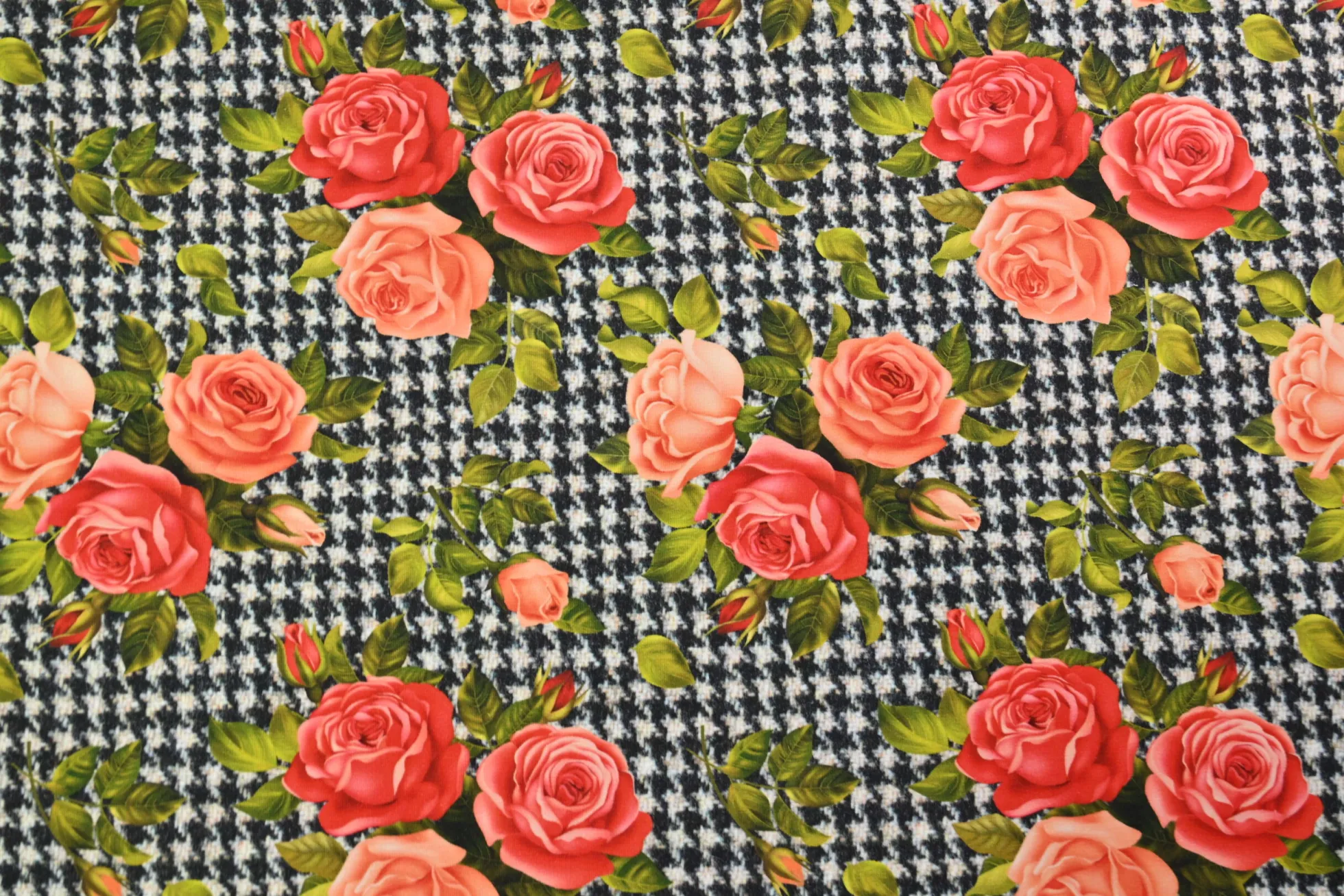 Katoen tricot – Roses on houndstooth