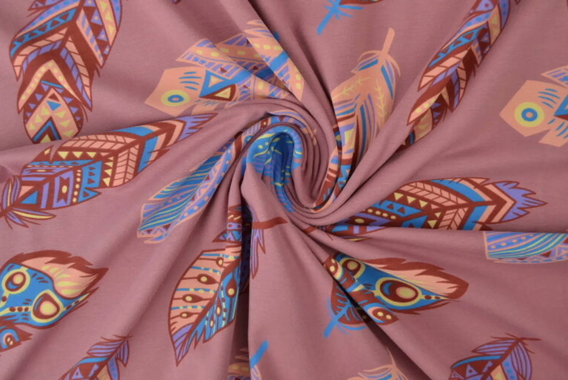 Katoen tricot Royal – Kleurrijke veren donker oudroze