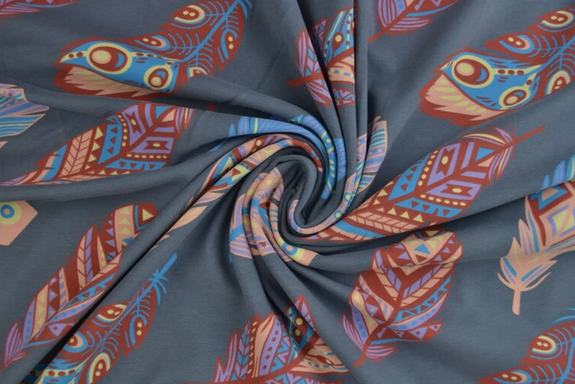 Katoen tricot Royal – Kleurrijke veren donkergrijs
