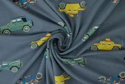 Katoen tricot Royal – Stoere auto’s donkergrijs