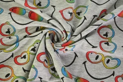 Katoen tricot – Smiley with rainbow glasses on grey