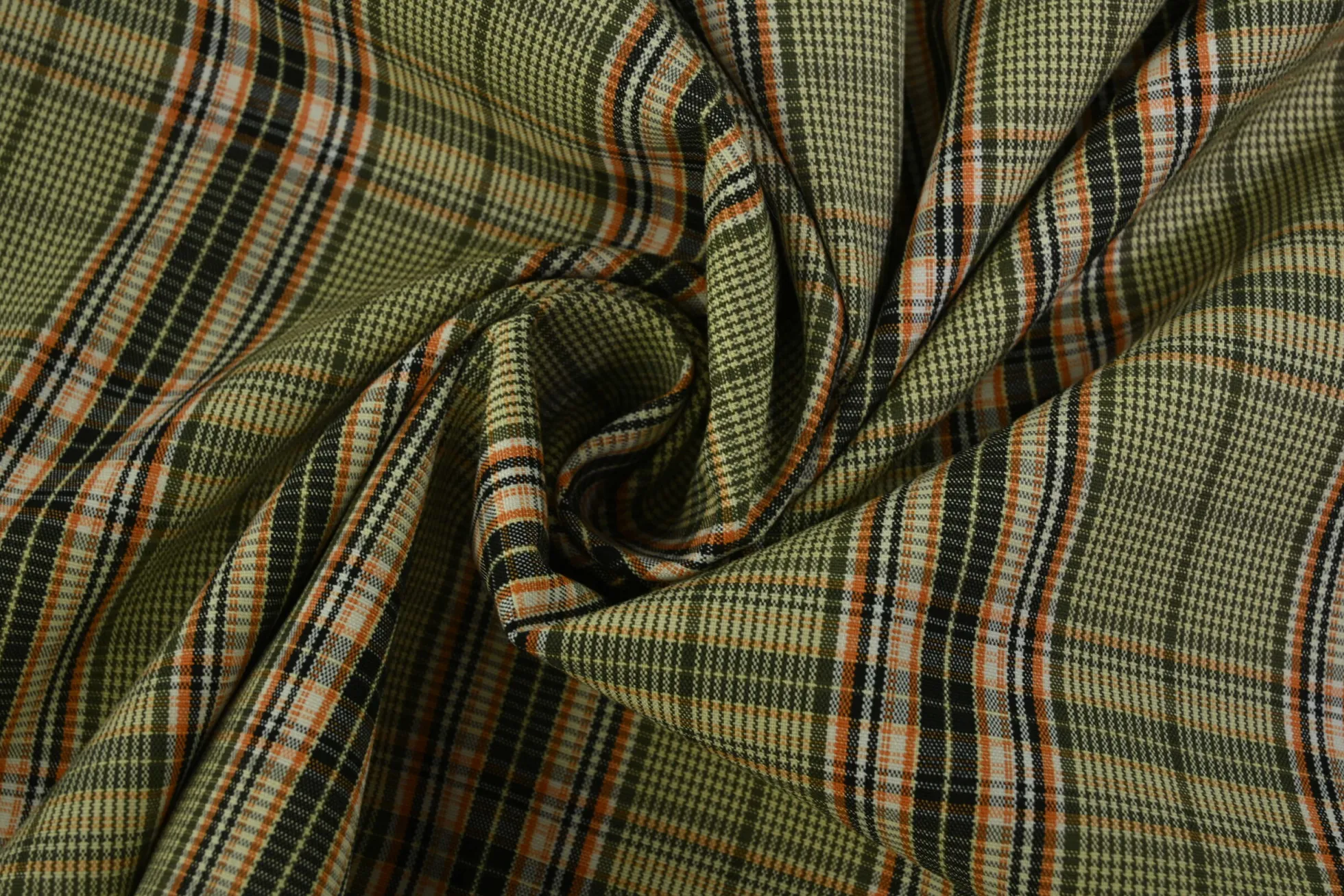 Pantalonstof – Beige, zwart en oranje geruit