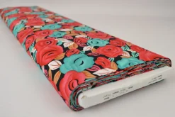 Viscose – Red and turqouise flowers and leaves