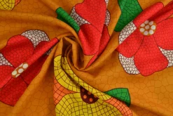 Viscose – Red and yellow flower drawing on ocher