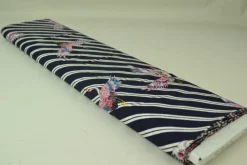 Viscose – Red & blue cranes on navy & white stripes